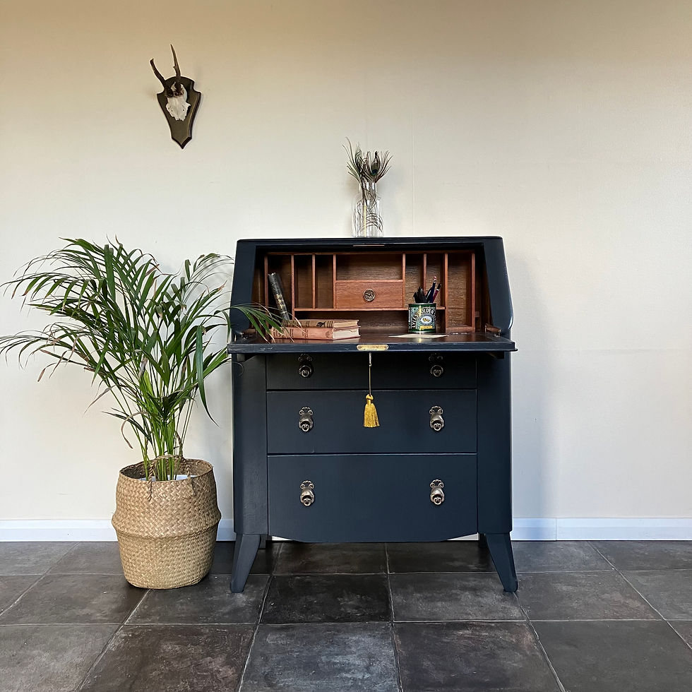 Thumbnail: Mid Century 1960’s Painted Fall Front Writing Bureau Desk by Lebus on Splayed Legs in Farrow and Ball Off Black