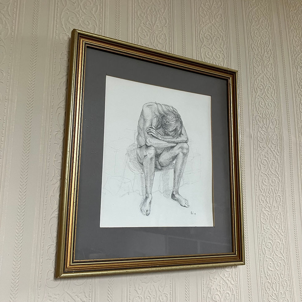 Thumbnail: Vintage Framed Original Figure Life Drawing, Nude Man Seated with Bowed Head
