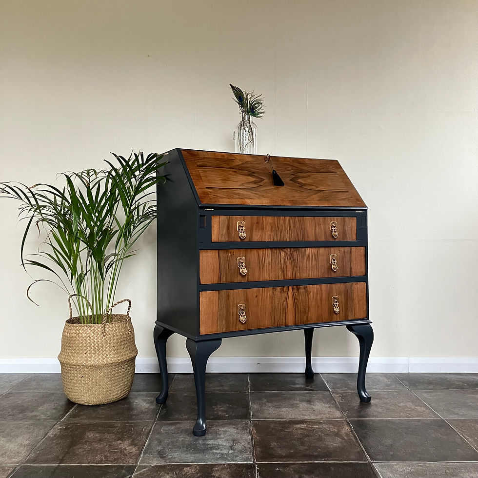 Thumbnail: Antique Lockable Refurbished Walnut Ladies Bureau in Farrow and Ball Off Black and Lacquered Walnut on Cabriole Legs