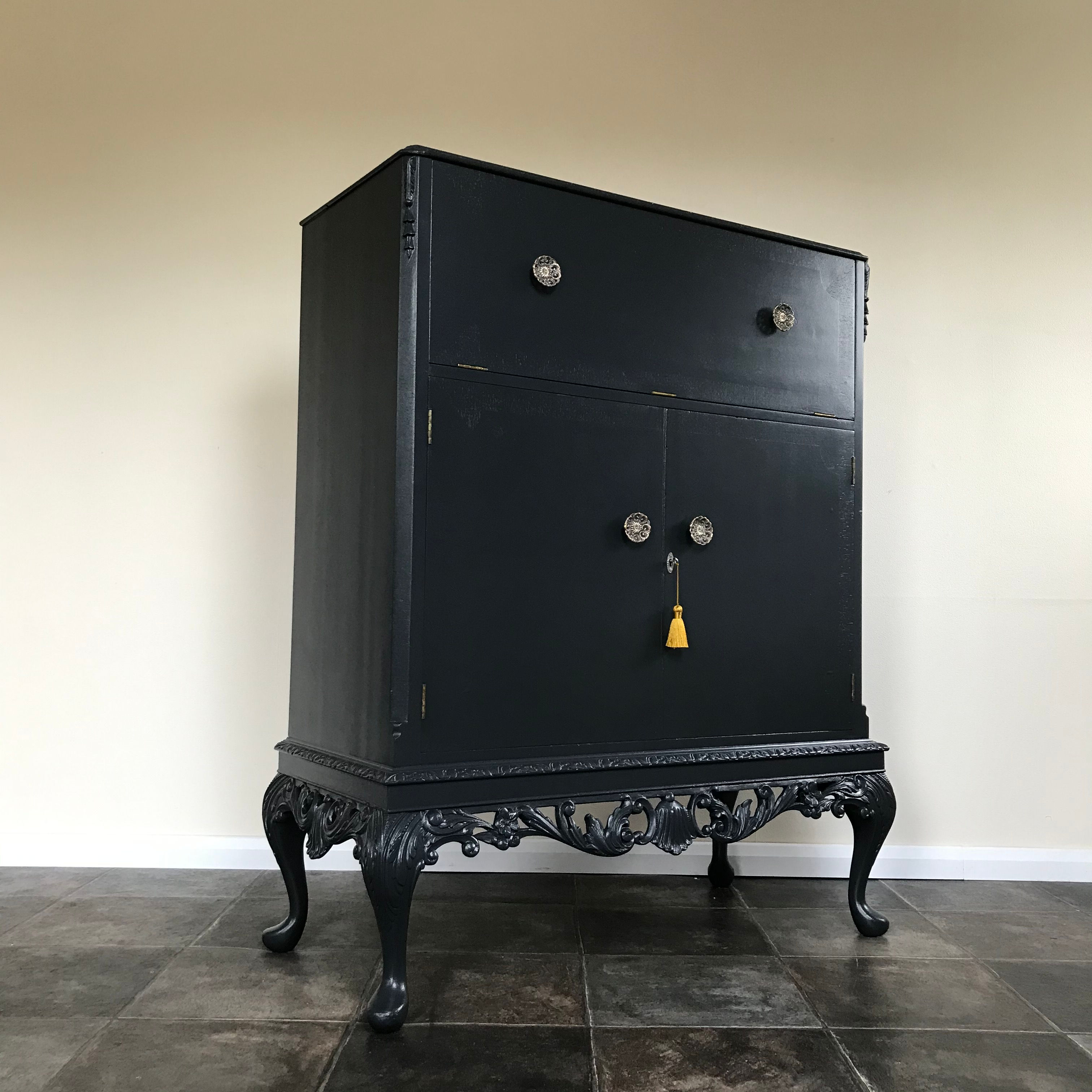 Vintage Painted Black Cocktail Cabinet / Drinks Cabinet in F&B Off Black