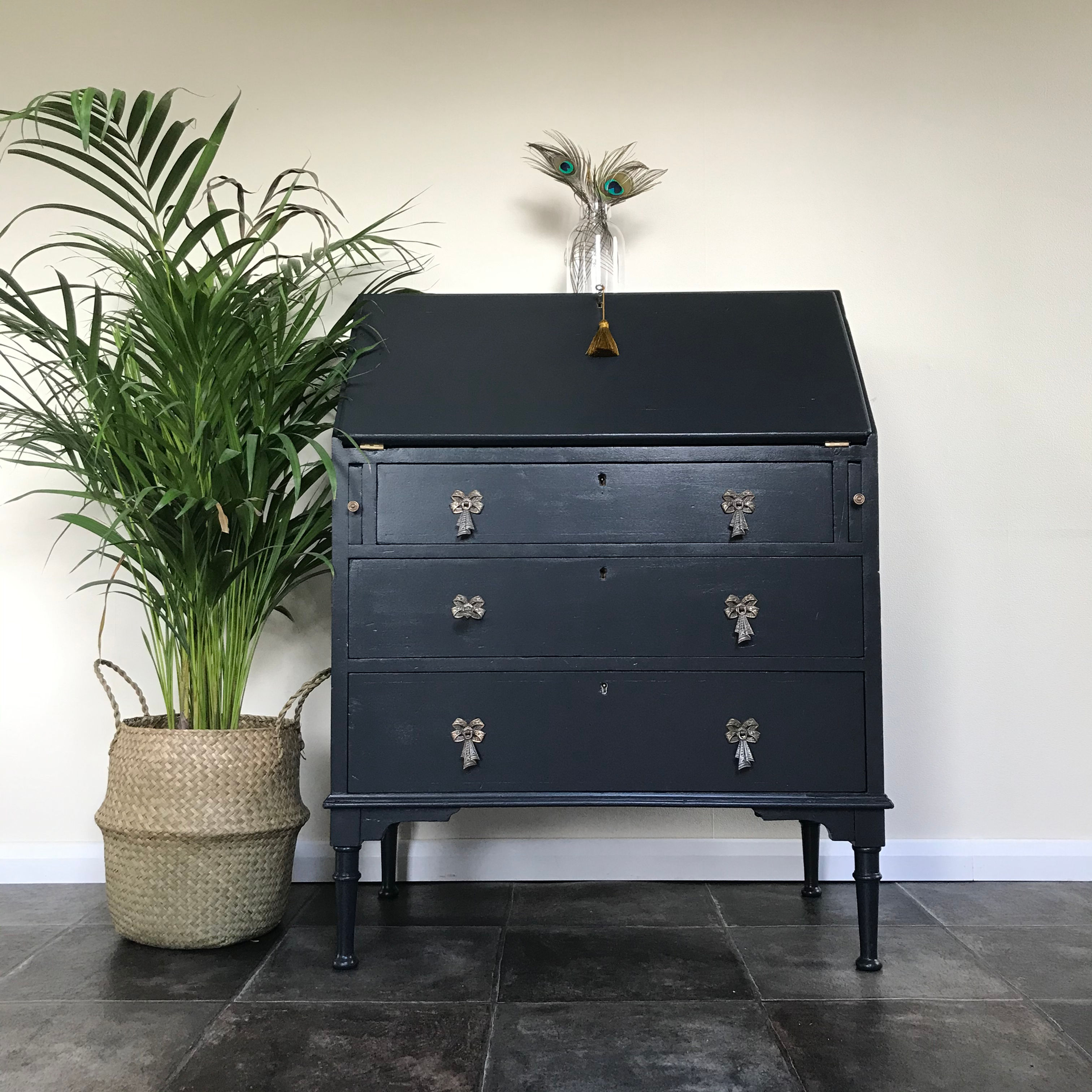 Antique Painted Bureau / Writing Desk / Secretaire in Farrow and Ball Off Black