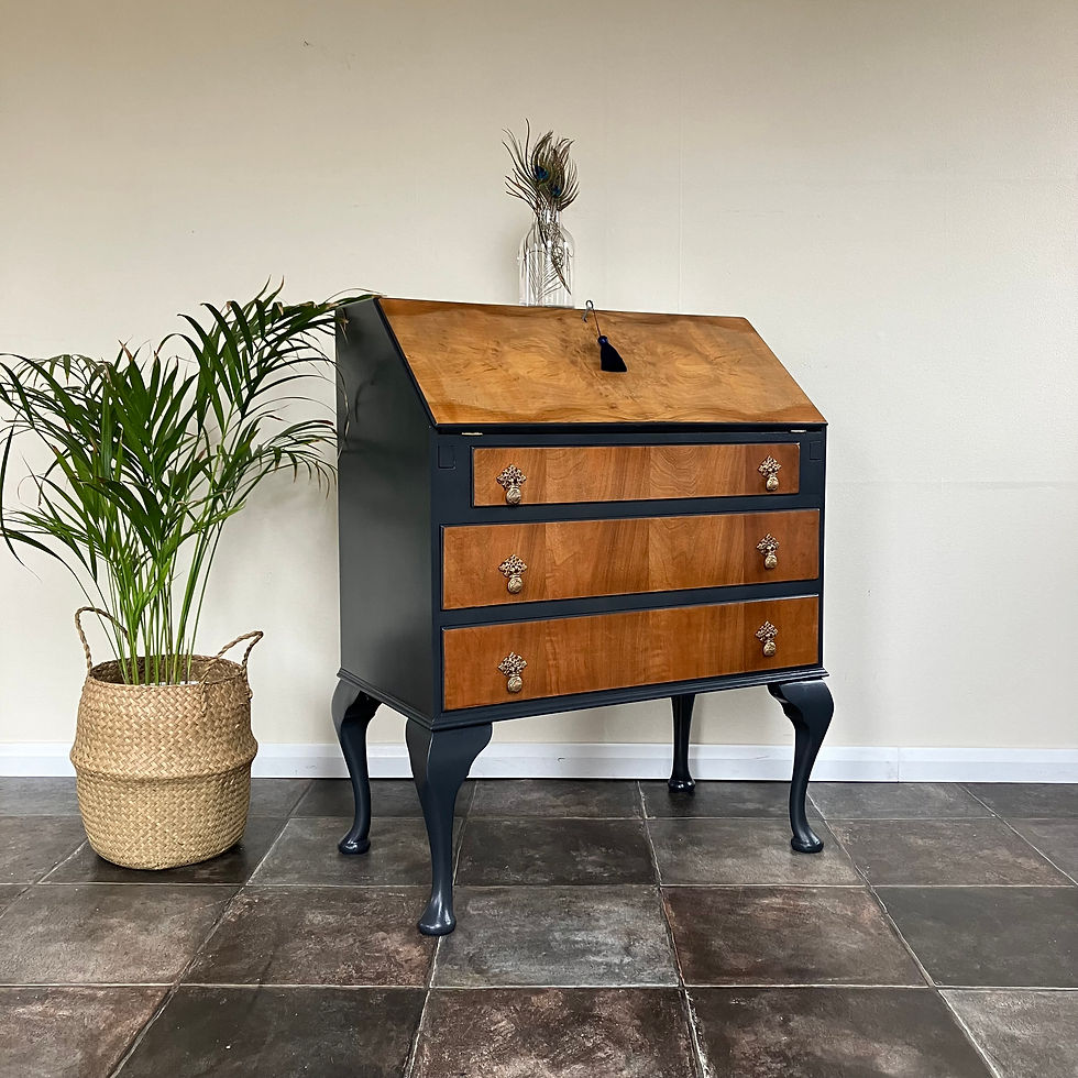 Thumbnail: Antique Burr Walnut and Painted Black Ladies Bureau / Fall Front Writing Desk on Cabriole Legs in Farrow and Ball Off Black