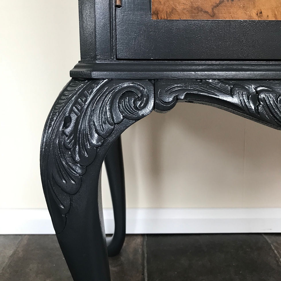 Thumbnail: Vintage Painted Black Burr Walnut Cocktail Cabinet on Carved Queen Anne Legs