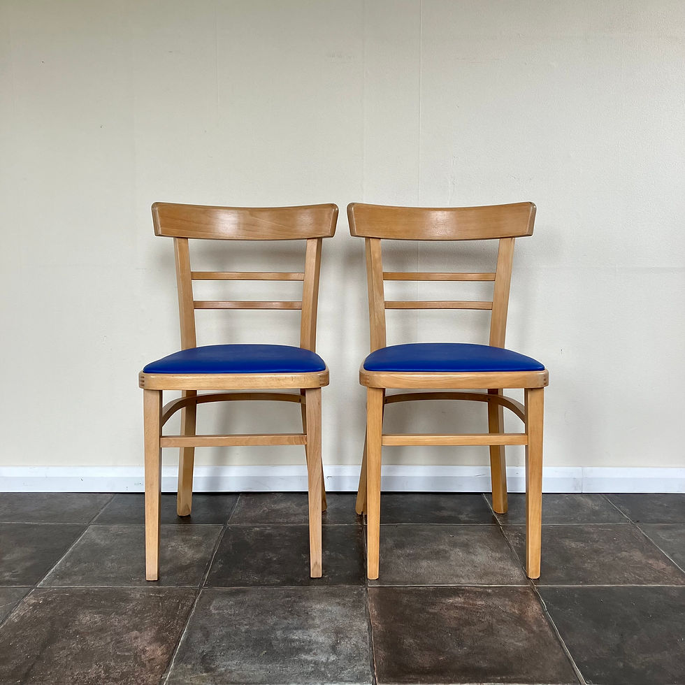 Thumbnail: A pair of lovely mid century style bentwood ladder back beech kitchen chairs by Quitmann of Bristol in Blue Leatherette