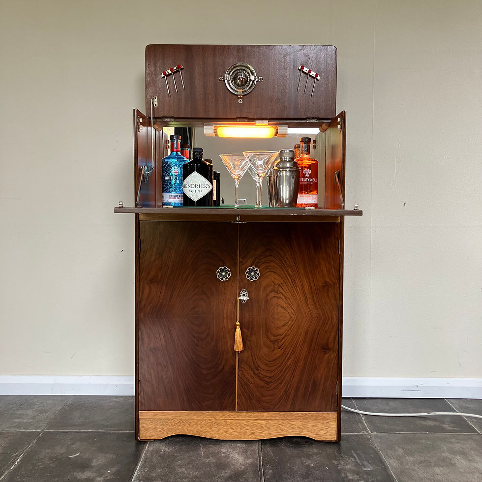 Thumbnail: restored handsome mid century drinks cabinet in burr walnut with sapele mahogany interior
