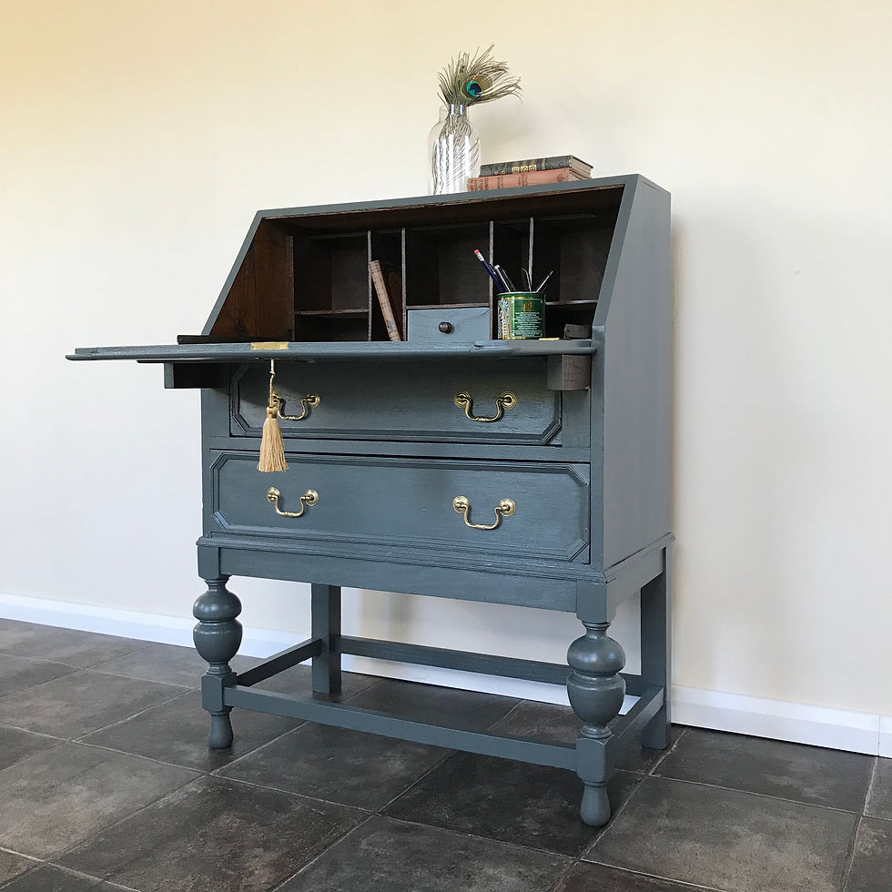 Thumbnail: Antique Solid Oak Painted Writing Bureau /Writing Desk in Farrow & Ball Downpipe