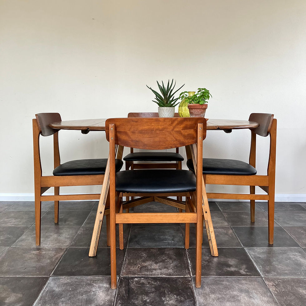 Thumbnail: Mid Century Ercol '377' 1950's Solid Elm Drop Leaf Oval Dining Table with Butterfly Back Teak Dining Chairs by Ligna