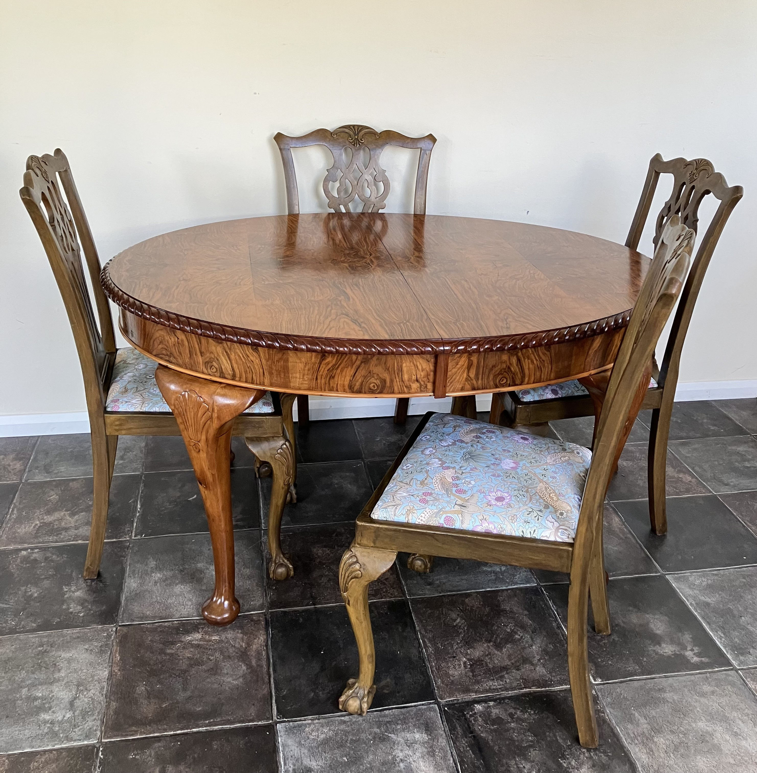 Restored Georgian Burr Walnut Wind Out Extending Dining Table and Chair Set by James Phillips