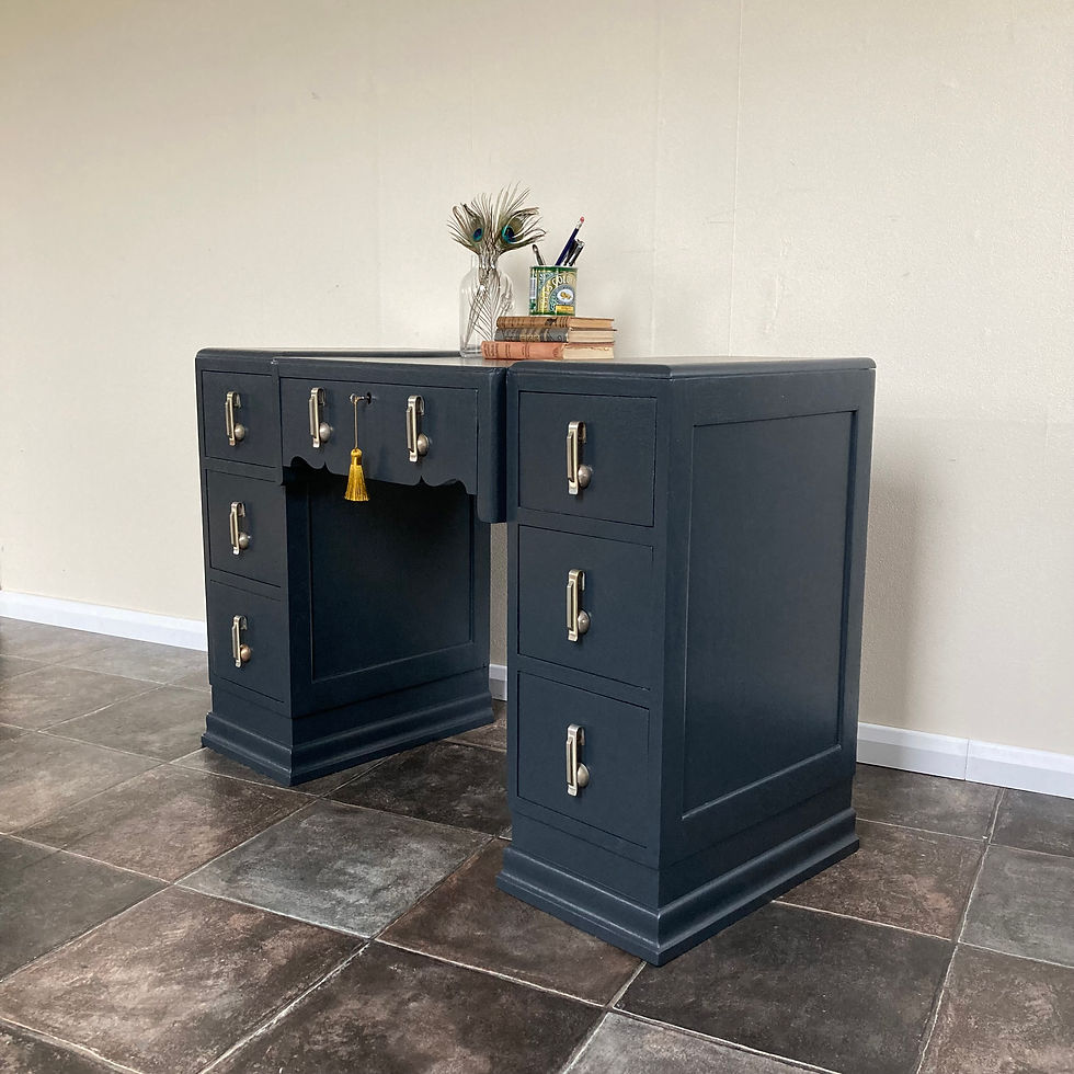 Thumbnail: Vintage Art Deco Oak Painted Writing Desk / Dresser in Farrow and Ball Off Black