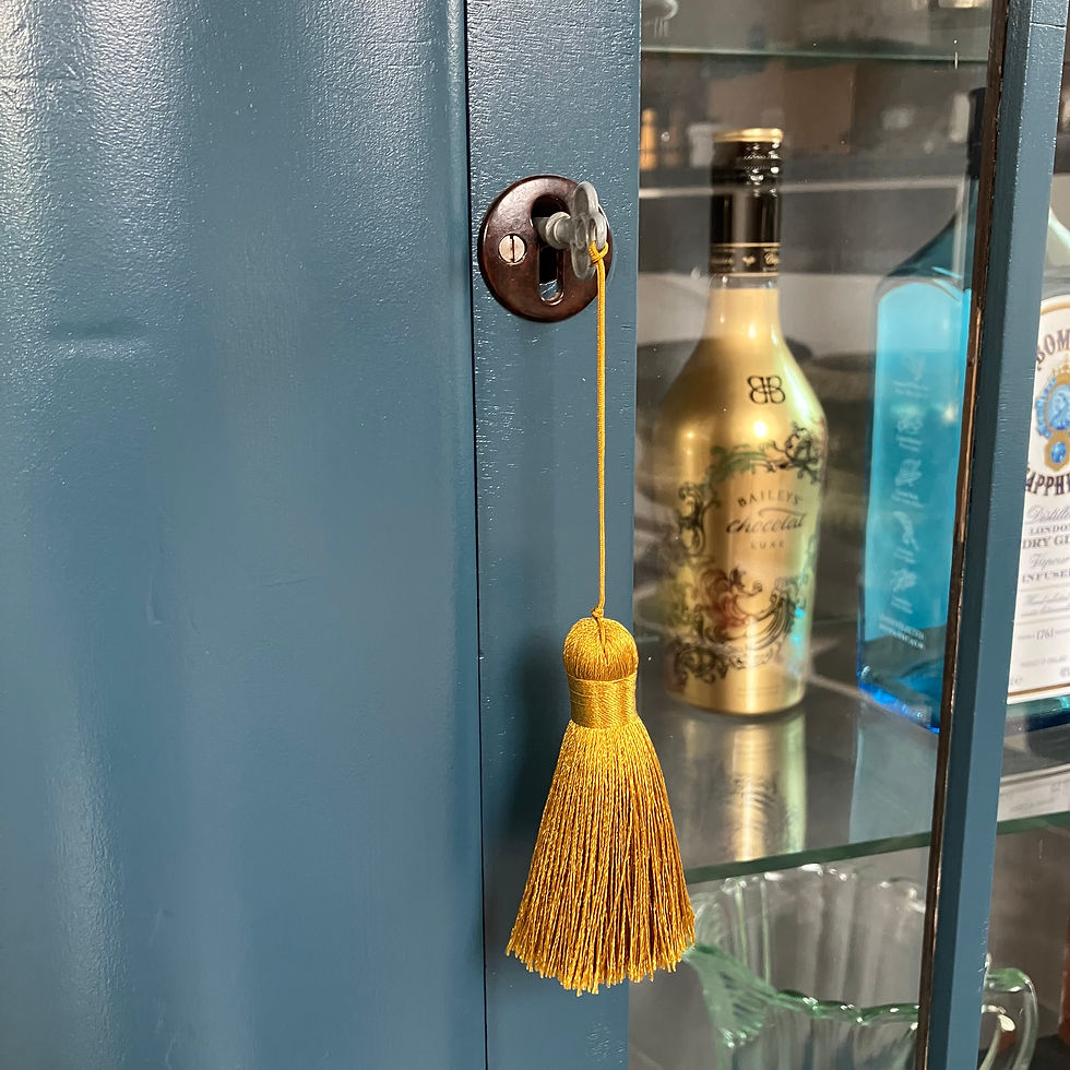 Thumbnail: Art Deco Walnut Painted Starcraft Gin Cabinet / Drinks Cabinet by S Spanglett in Farrow & Ball Hague Blue and Carbon Velvet