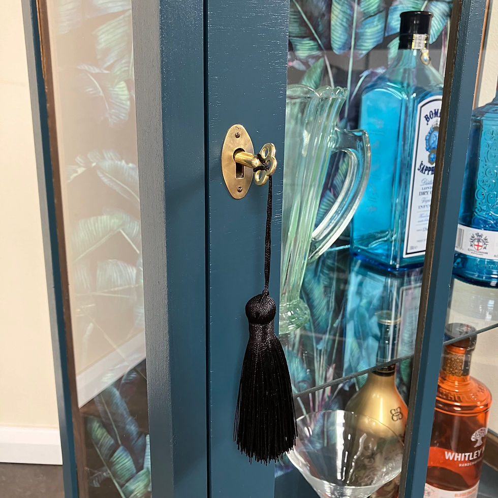 Thumbnail: Art Deco glazed gin display cabinet in Farrow and Ball Hague Blue Eggshell with Tropical Paradise Velvet Interior
