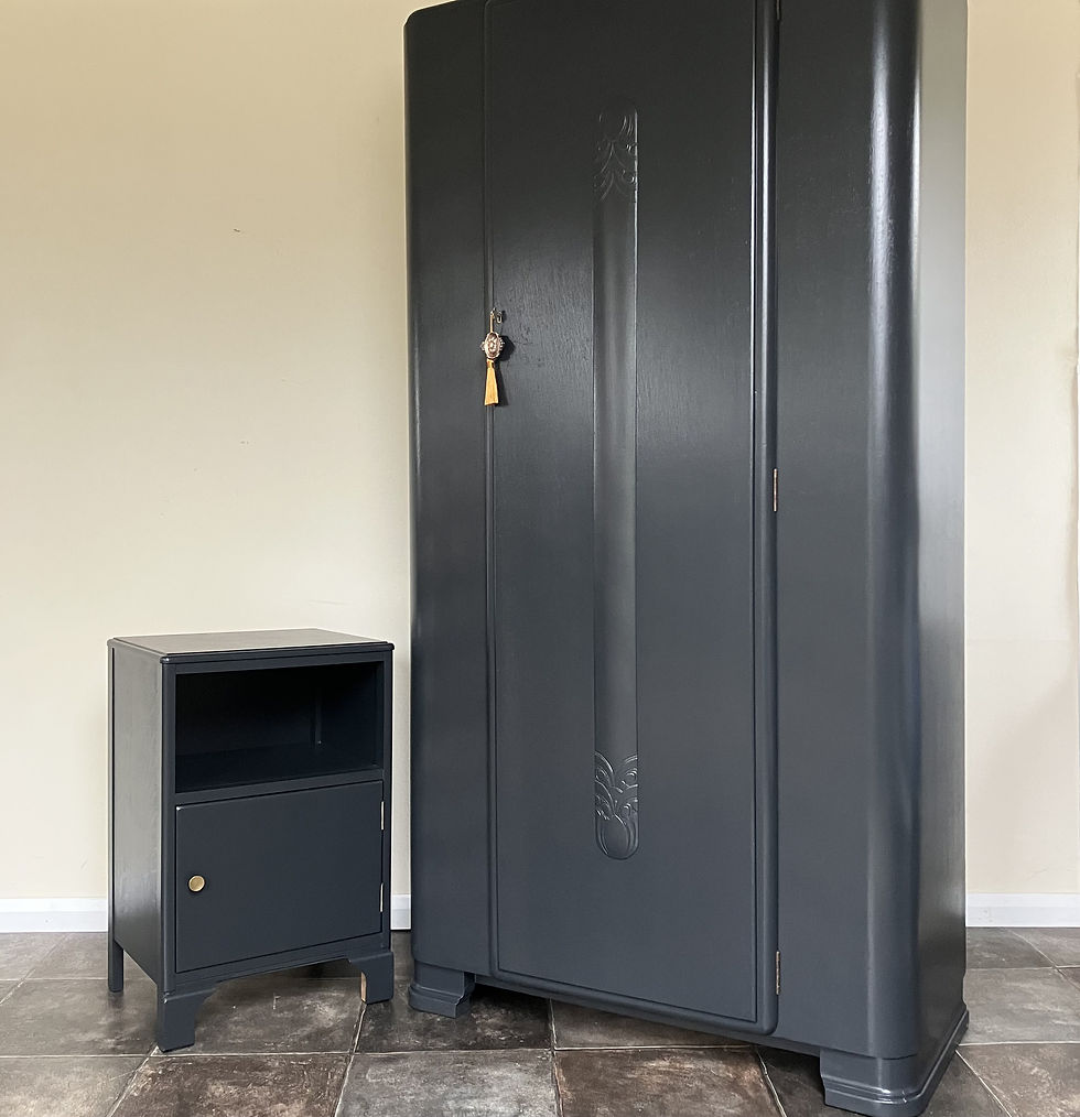 Painted 1940's Mid Century Lebus Bedside and Wardrobe Set; Farrow and Ball Off Black