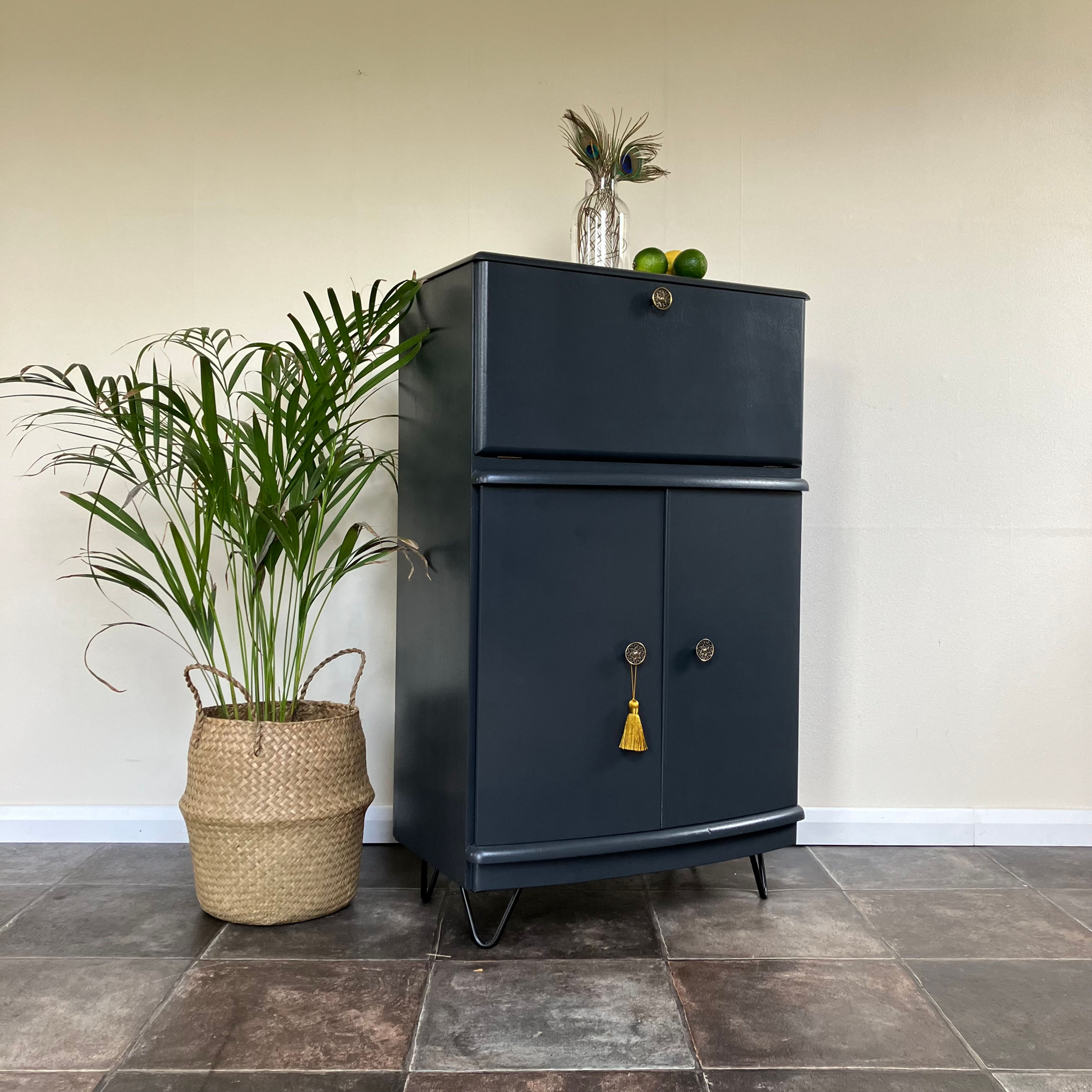Upcycled Vintage Mid Century Drinks Cabinet Painted in Farrow and Ball Off Black Eggshell on Hairpin Legs