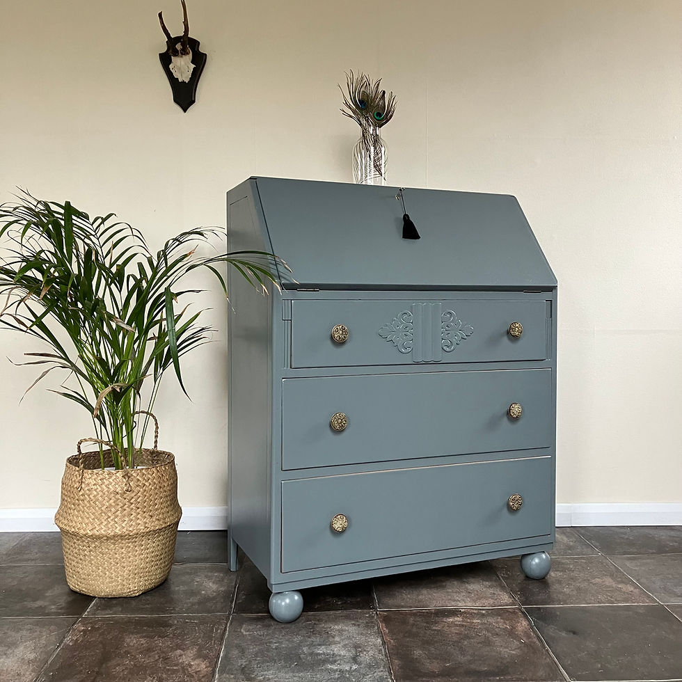 Thumbnail: Beautiful wartime CC41 oak lockable fall front bureau / writing desk in Farrow and Ball Downpipe