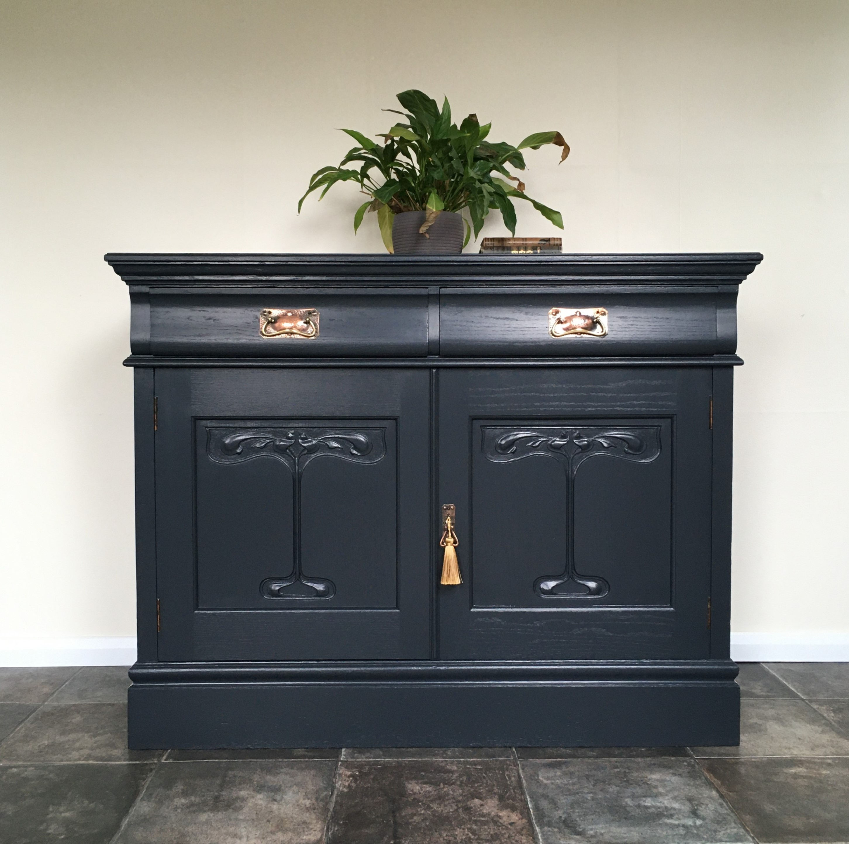 Art Nouveau Painted Carved Sideboard / Chiffonier in Farrow and Ball Off Black