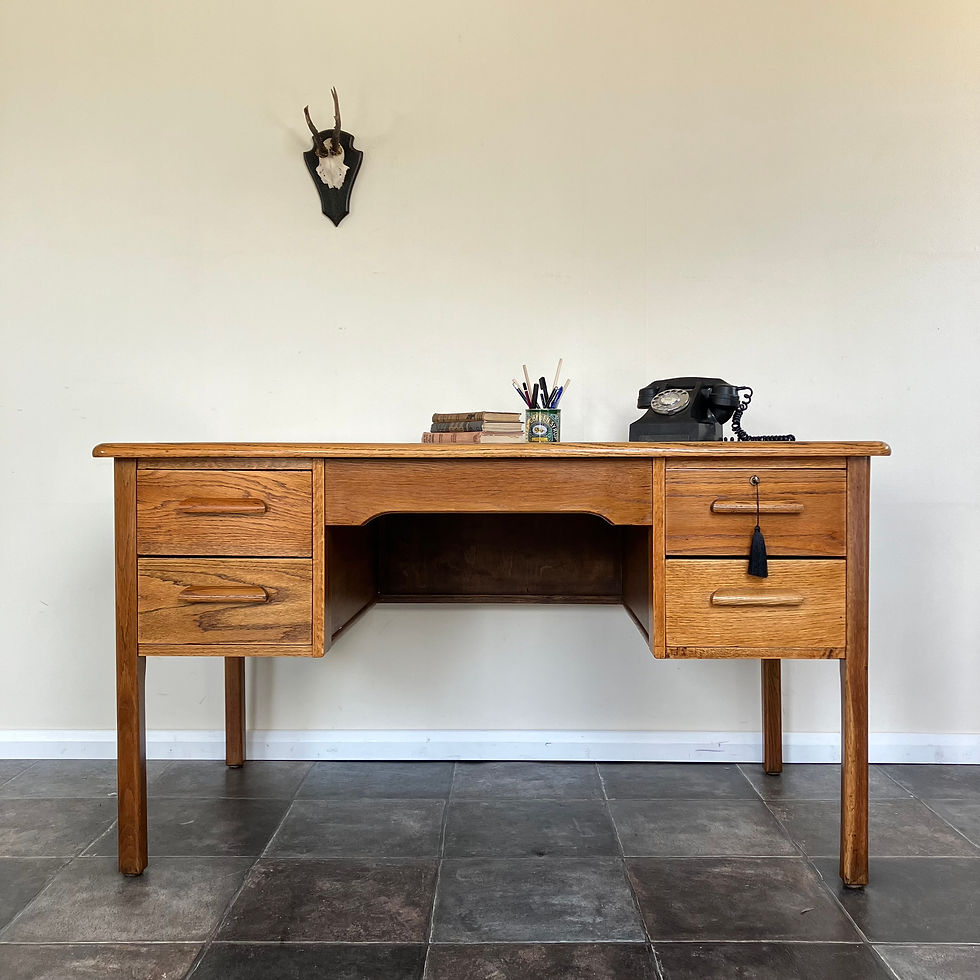 Thumbnail: Refurbished Mid Century 1950's Large Double Pedestal Oak Teacher's Desk by Abbess, Lockable