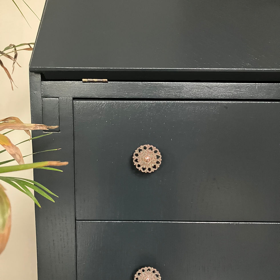 Thumbnail: Vintage Painted Blueish Black Walnut Writing Bureau Desk: Cabriole Legs, Farrow and Ball 'Railings’, Brass Handles