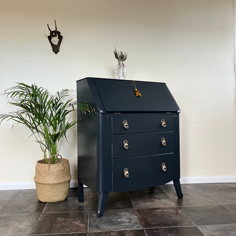 Thumbnail: Mid Century 1960’s Painted Fall Front Writing Bureau Desk by Lebus on Splayed Legs in Farrow and Ball Off Black
