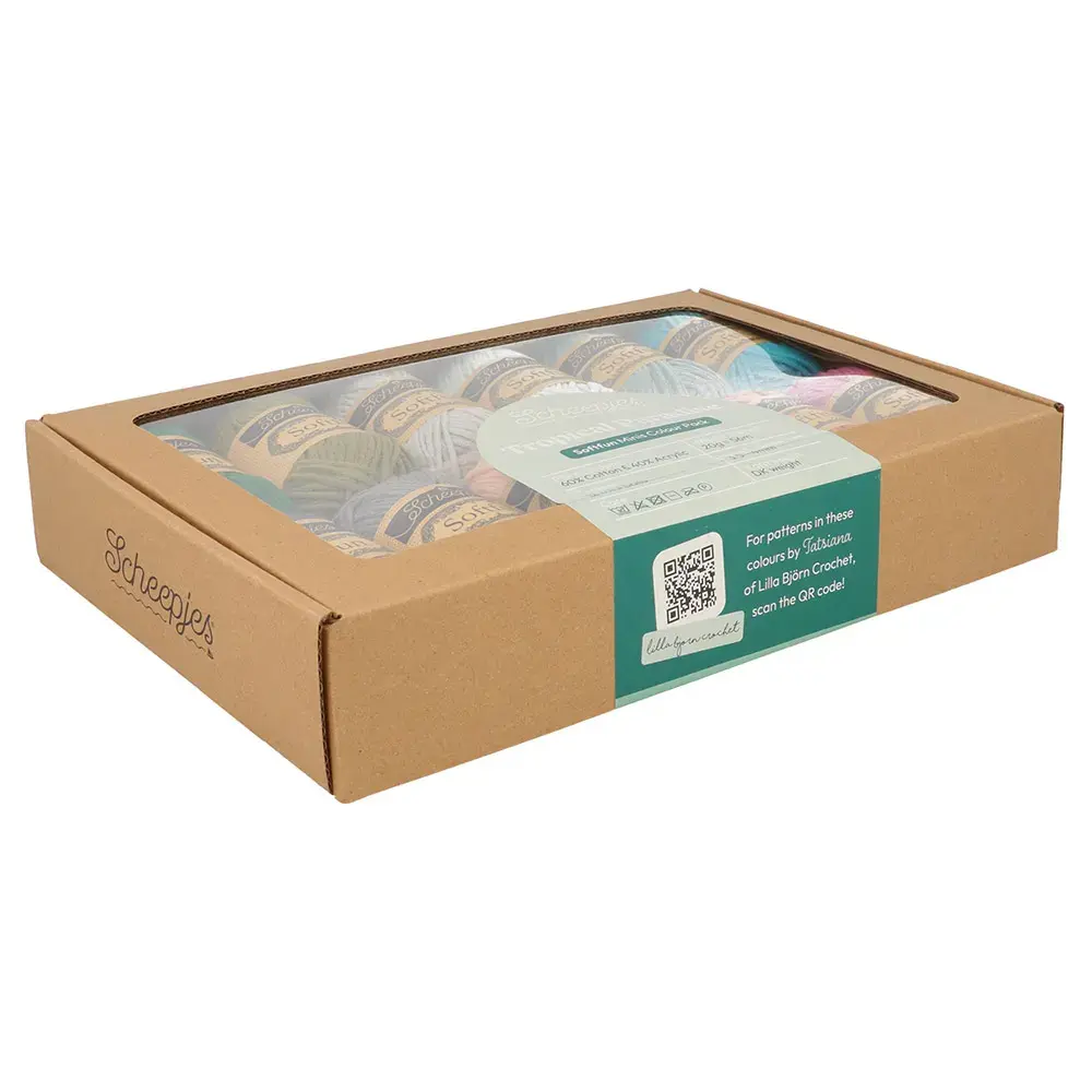 Scheepjes Softfun colour pack 12x20g - Trop. Paradise, vue de côté avec le QR code