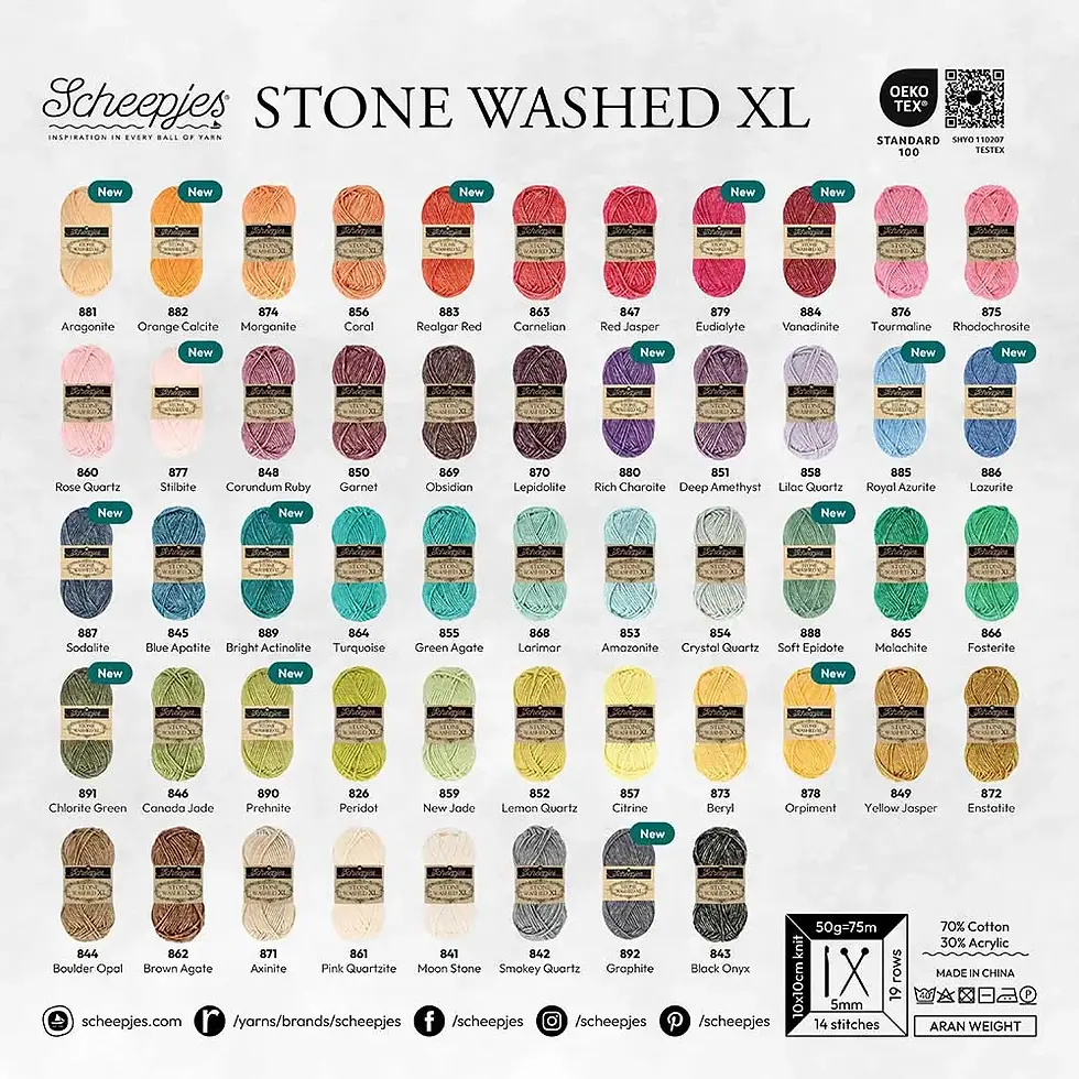 Scheepjes Stone Washed XL est un fil coton et acrylique apprécié pour sa douceur et son aspect chiné caractéristique, au crochet comme au tricot.