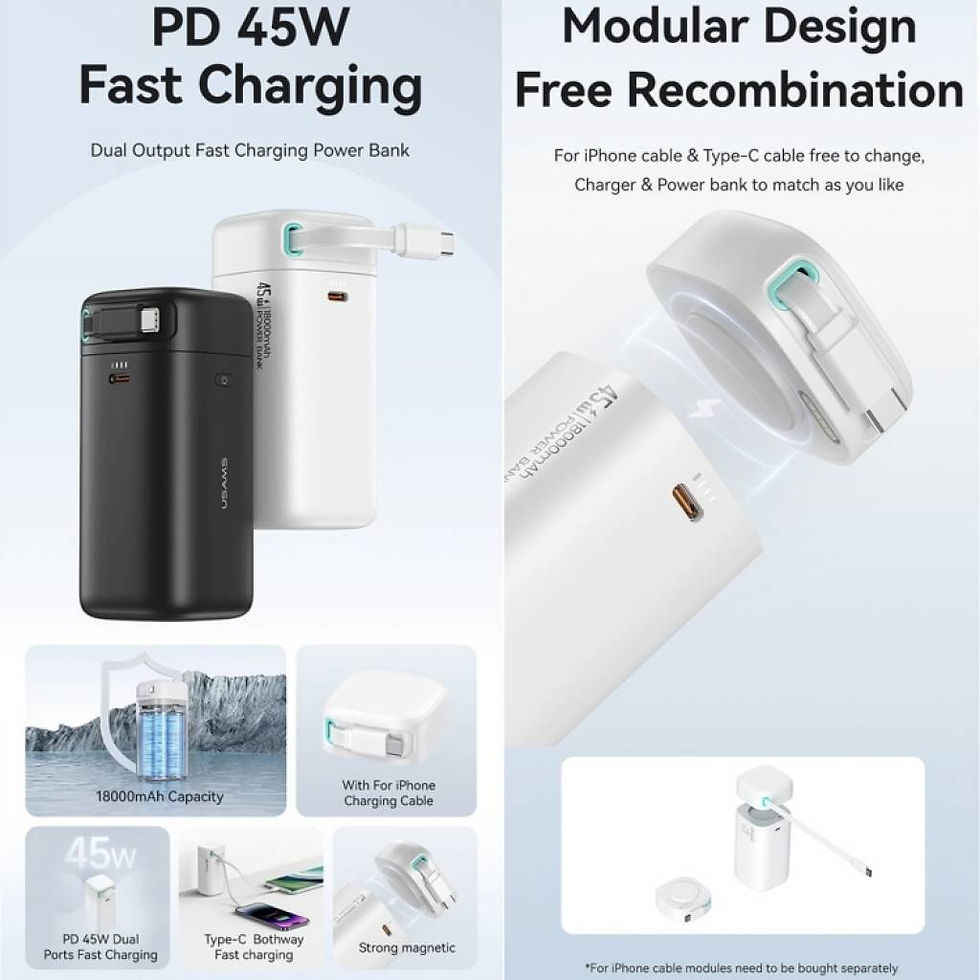 Miniatura: Power Bank 18000mAh PD45W Cable Retráctil Magnético Tipo C Blanco CD216 USAMS