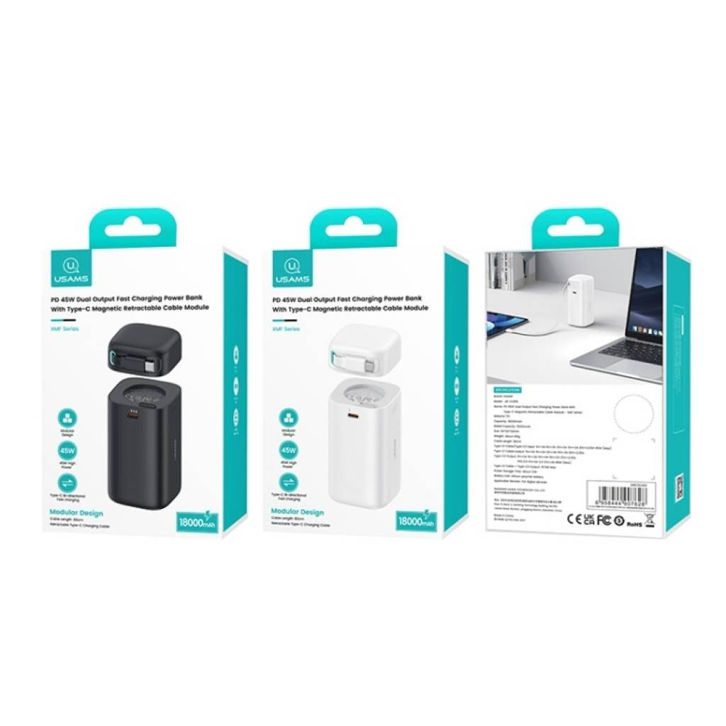 Power Bank 18000mAh PD45W Cable Retráctil Magnético Tipo C Blanco CD216 USAMS