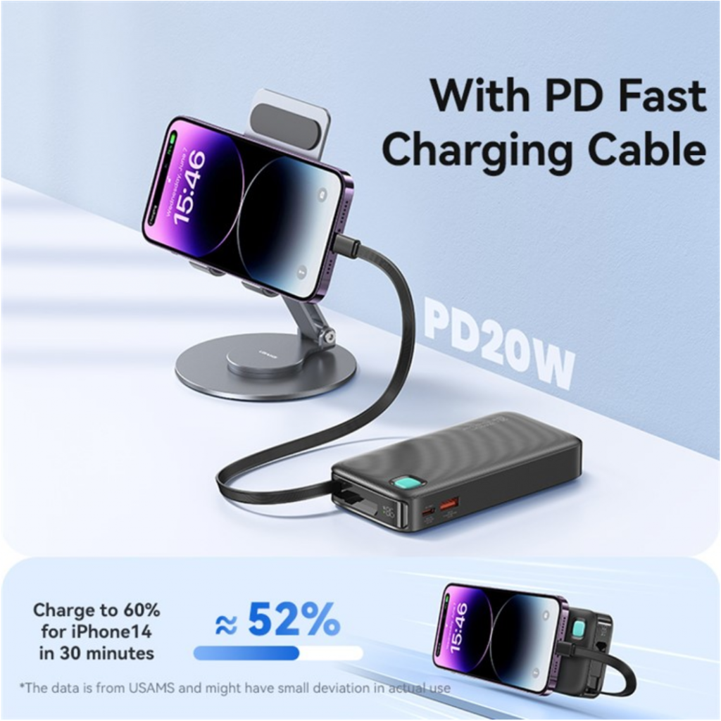 Power Bank 10000mAh 20W Cable Retráctil Lightning Negro CD225 USAMS