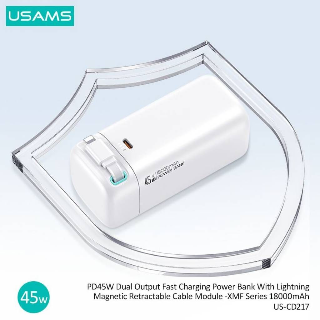 Power Bank 18000mAh PD45W Cable Retráctil Magnético Lightning Blanco CD217 USAMS