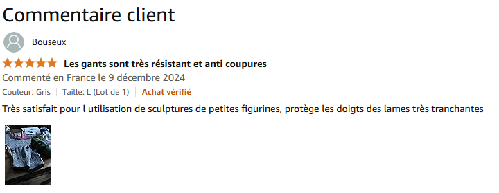 Avis client satisfait des gants anti-coupures NICO® utilisés pour la sculpture de figurines et la protection des doigts contre les lames très tranchantes.