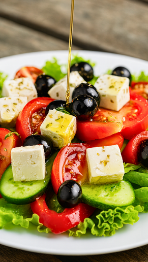 Salade grecque maison colorée avec tomates, concombre, feta et olives noires, arrosée d’un filet d’huile d’olive, servie fraîche en été – recette express avec le shaker NICO®