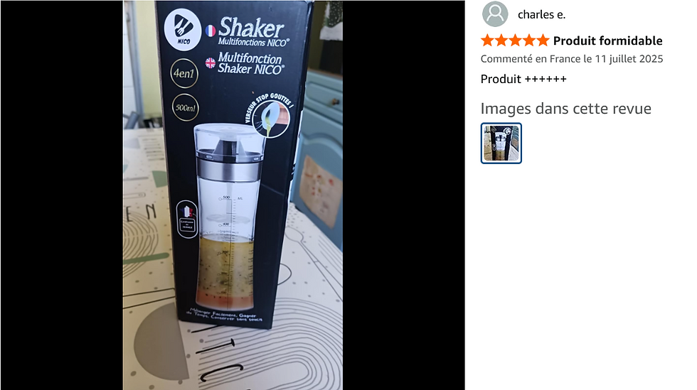 Avis client 5 étoiles sur Amazon pour le Shaker Multifonctions NICO® 500 ml, avec photo de l’emballage et du produit rempli d’une vinaigrette maison