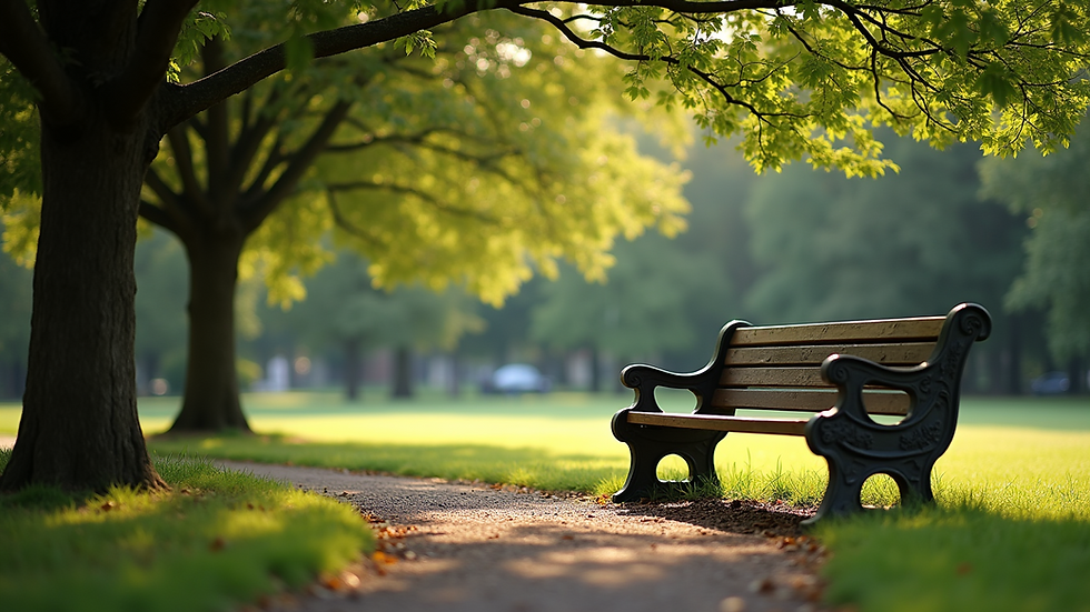 Eye-level view of a serene park with a bench under a tree