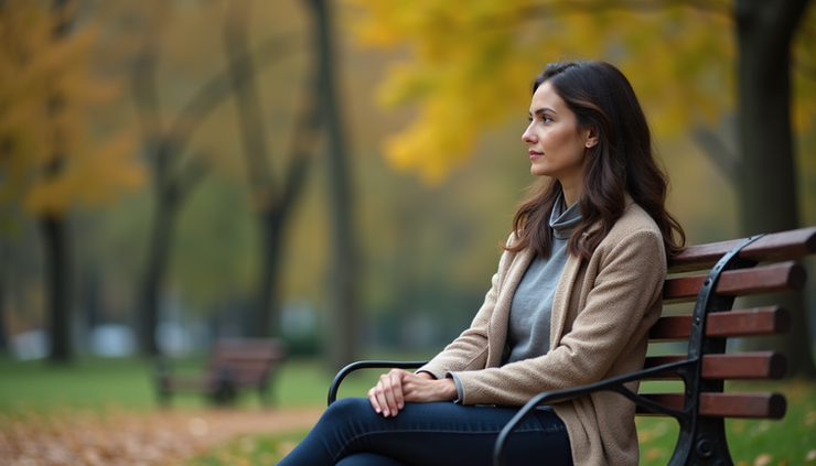 Eye-level view of a woman sitting alone on a park bench looking thoughtful and reflective