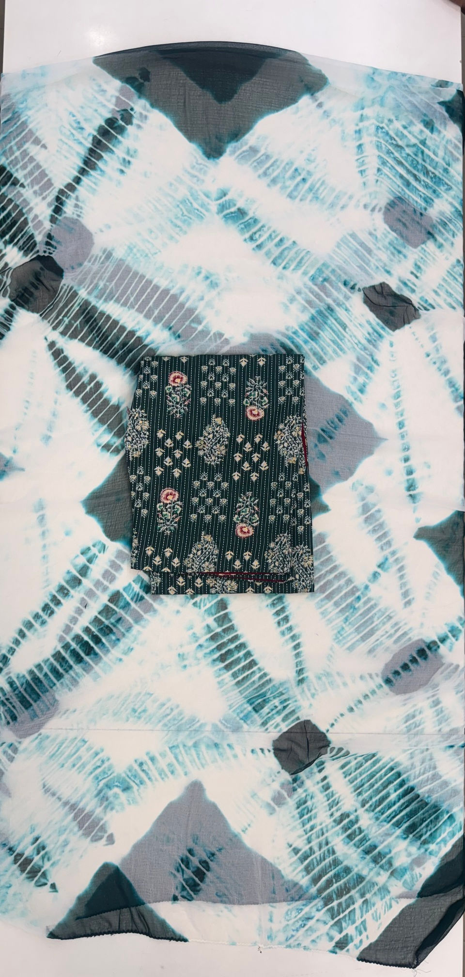 Thumbnail: Cotton Applique work 3 pc with Badhni Print Dupatta
