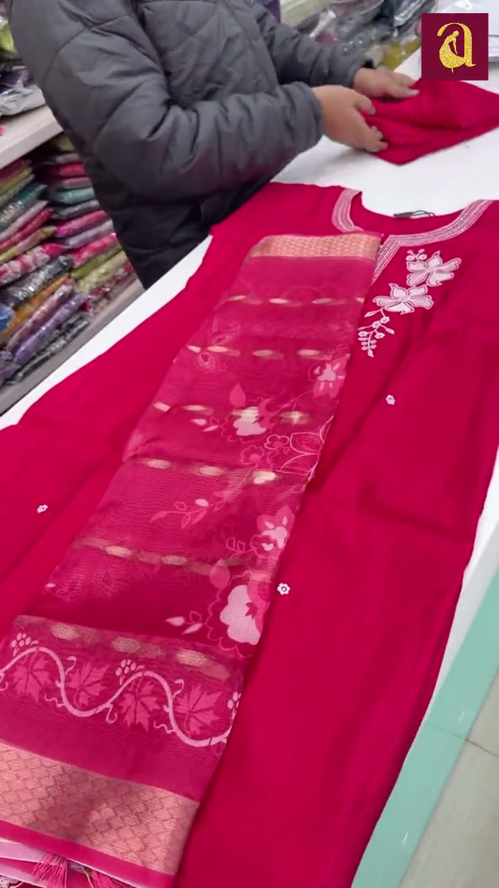 Thumbnail: Red Roman Silk 3 pcs Kurti Set with Organza Dupatta
