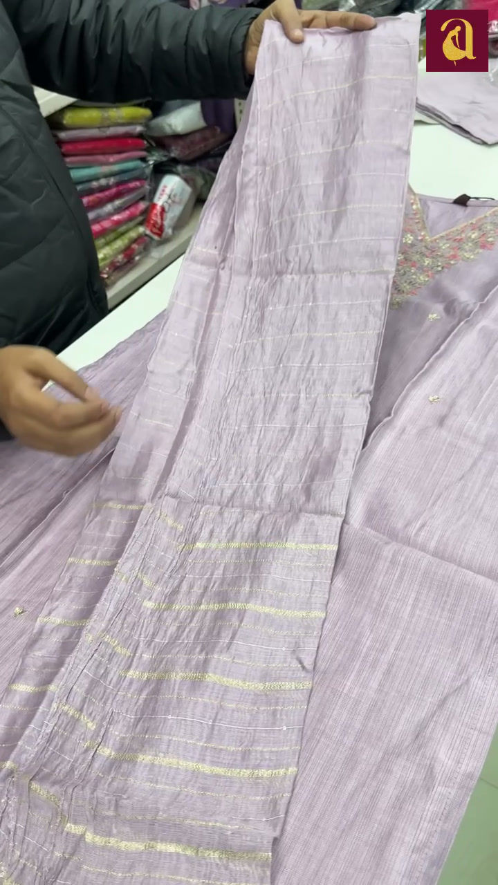 Thumbnail: Purple V Neck Vatican Silk 3 pcs Kurti Set