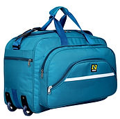 Teal blue trolley duffle bag with wheels and side-entry pockets, sourced from a duffle bag manufacturer in Mumbai
