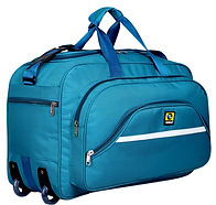 A teal blue multi-compartment wheeled duffle bag produced by a travel bag manufacturer in Mumbai, featuring reinforced stitching and smooth-rolling wheels for convenient long-distance travel and transport