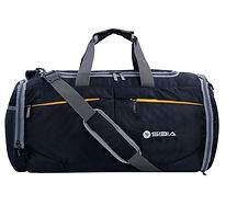 Black cylindrical gym duffel bag with side pockets and adjustable strap, manufactured by Sibia Bags, leading gym bag manufacturer in Mumbai