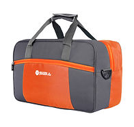 A contemporary grey and orange travel bag with a minimalist design, manufactured by a travel bag manufacturer in Mumbai for corporate branding and high-volume promotional gift orders