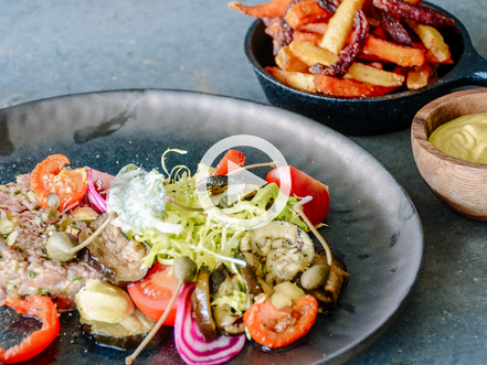 Steak Tartare with Rainbow Fries, Grilled Veggie Salad and Madras Mayonnaise