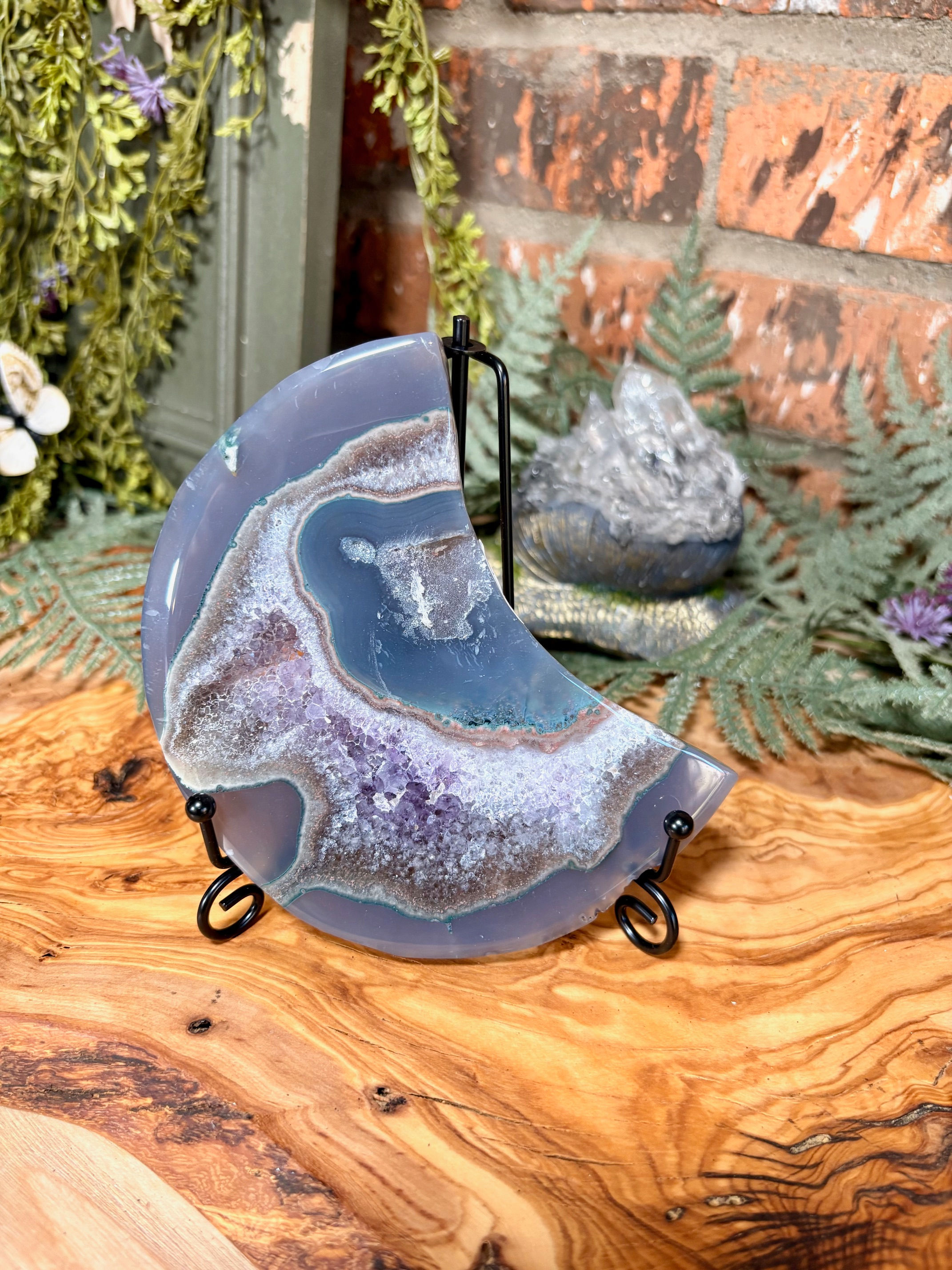 Grey Agate Moon w/Druzy and Amethyst Inclusions