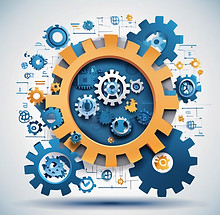 Puzzle pieces fitting together with gears and code icons inside, representing customized I