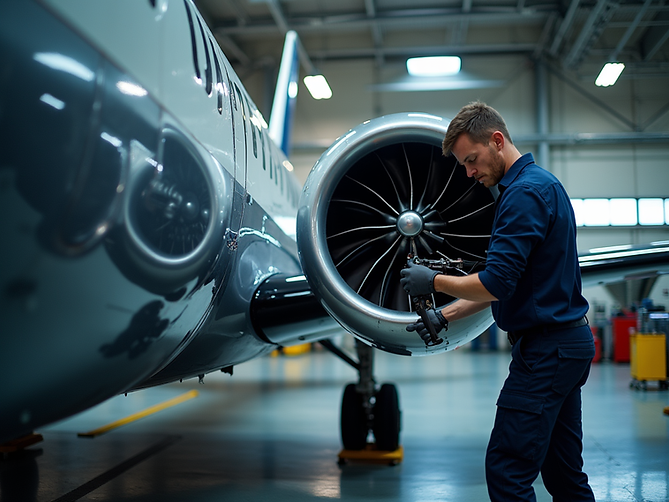 An-action-shot-of-a-technician-performing-maintenance-on-an-aircraft-engine-under-professi