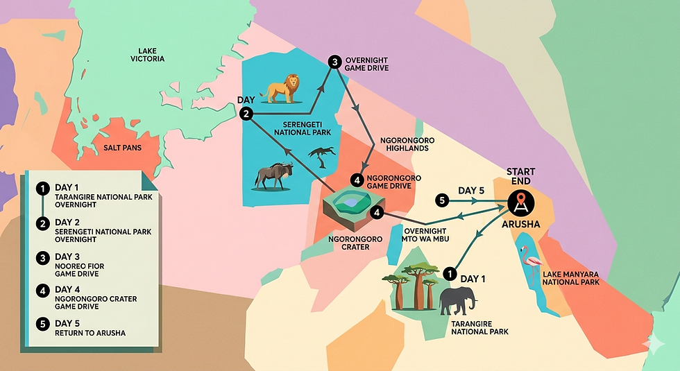5-Day Tanzania Budget Safari Map