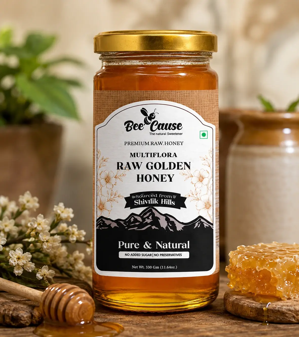 BeeCause Multiflora Raw Golden Honey 330g pure natural honey jar sourced from Shivlik Hills.