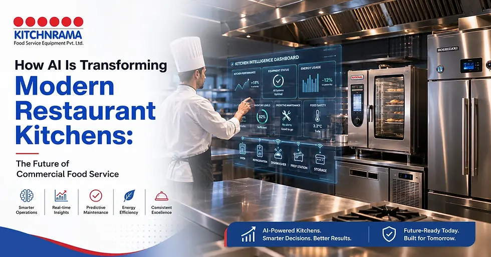 Artificial intelligence transforming modern restaurant kitchens with smart commercial equipment, data-driven operations, and predictive maintenance.