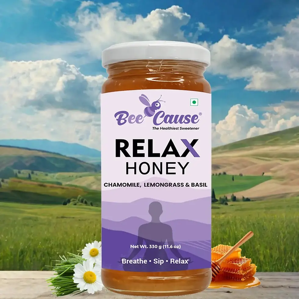 BeeCause Relax Honey 330g jar with herbal blend