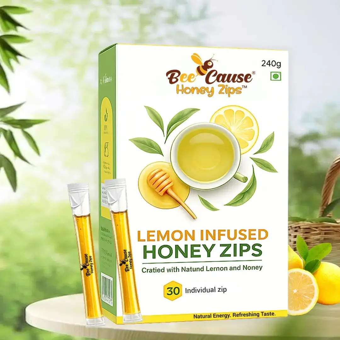 Bee Cause Lemon Infused Honey Zips 240g with 30 individual honey sticks