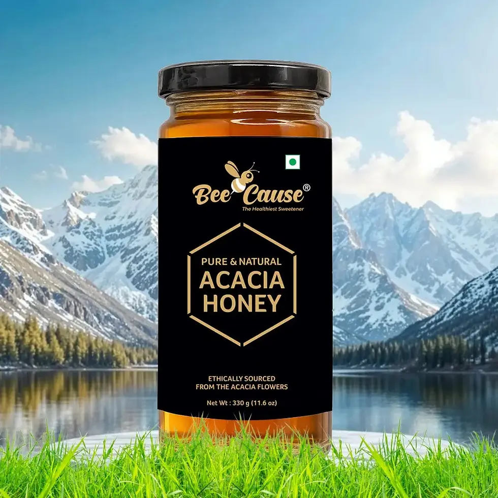 BeeCause Pure & Natural Acacia Honey 330g glass jar with black premium label